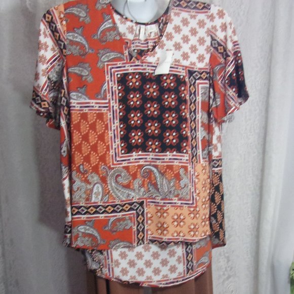 Lot 2 piece Print Blouse and chocolate brown Pant Set Size M NWT - Picture 1 of 4